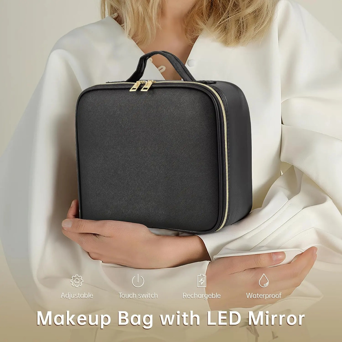 Bolso De Viaje Para Maquillaje Con Espejo Led, Negro - Image 3