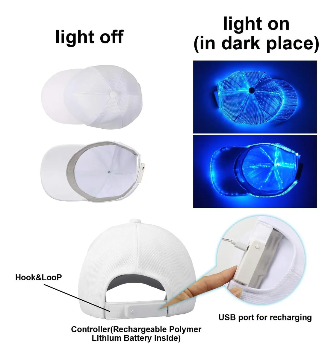 Gorra Led Con Fibra Óptica, 7 Colores, Carga Usb, Blanco - Image 4