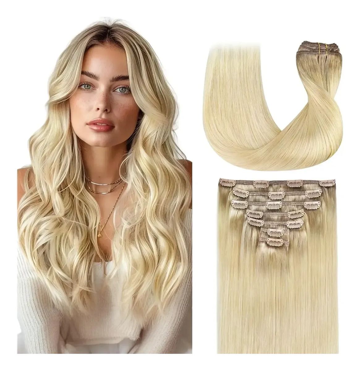 Cabello Humano Remy 45 Cm 120 Gramos En 7 Piezas Rubio Claro