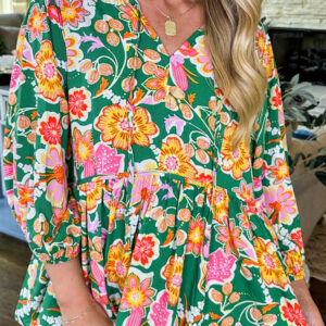 Blusa Verde Floral Manga Abullonada Escote V