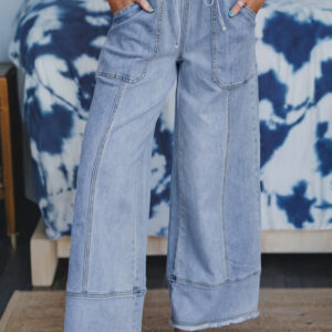 Jean Azul Cordón Con Costura Detalle Crudo Ruedo Pierna