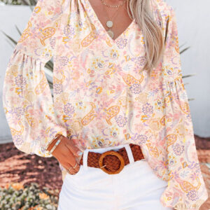 Blusa Damasco Dorado Floral Manga Abullonada Escote V