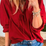 Blusa Rojo Fuego Liso Manga 3/4 Escote V