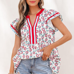 Blusa Rojo Detalle Combinado Manga Volado Escote V