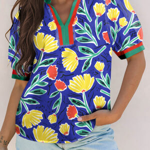 Blusa Azul A Rayas Manga Corta Escote V