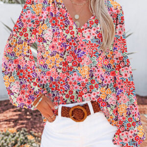 Blusa Rojo Floral Manga Abullonada Escote V