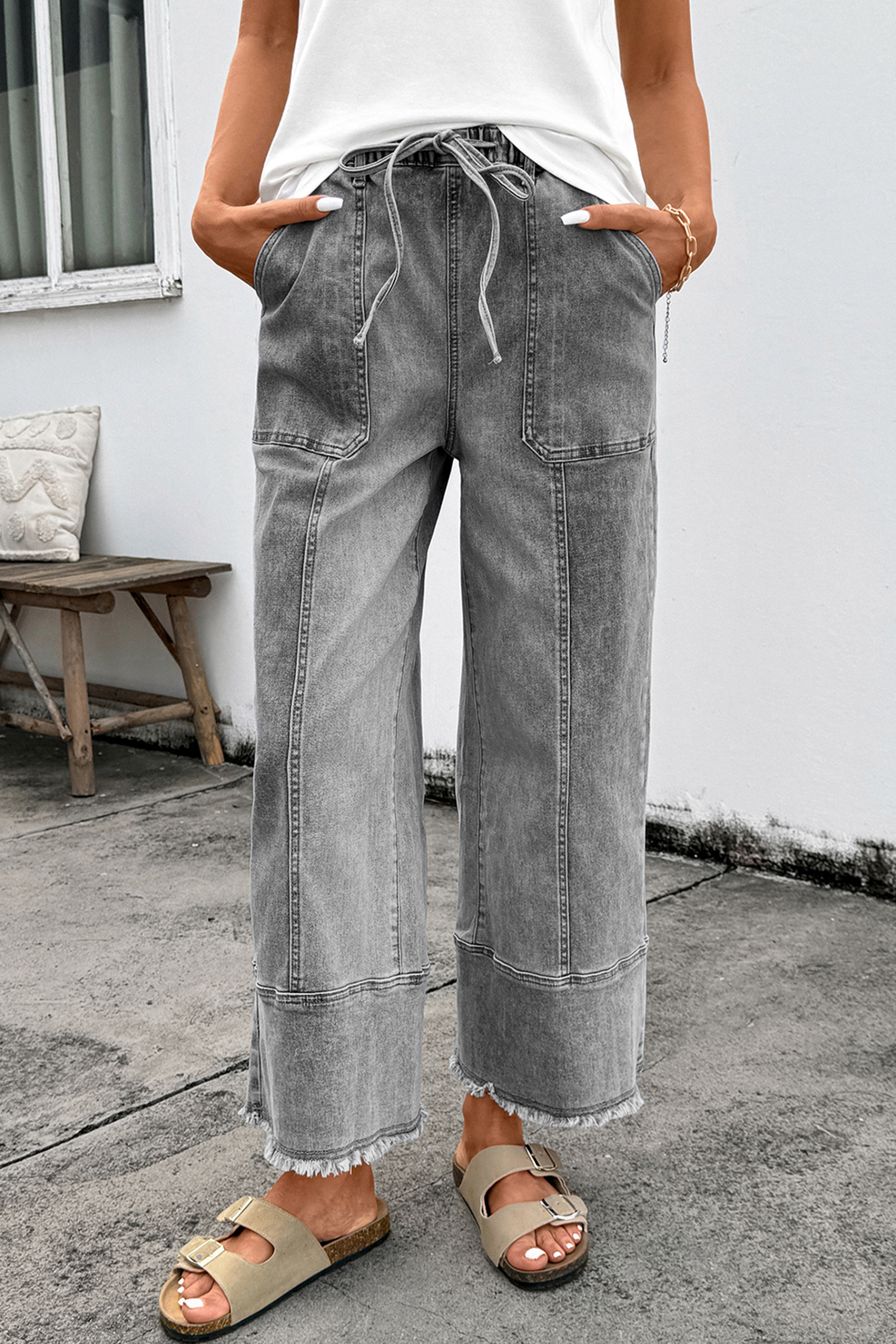 Jean Gris Cordón Con Costura Detalle Crudo Ruedo Pierna