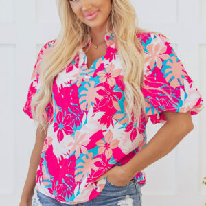 Blusa Rosa Manga Abullonada Escote V
