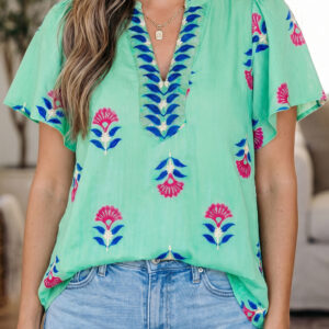 Blusa Verde Floral Manga Volado Escote V