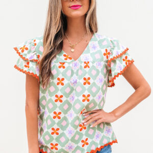 Blusa Verde Floral Manga Volado Escote V