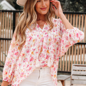 Blusa Rosa Fruncido Elástico Manga Abullonada