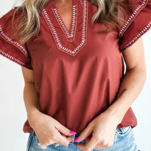 Blusa Arcilla Detalle Combinado Manga Volado Escote V