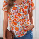 Blusa Naranja Con Volados Manga Corta Escote V
