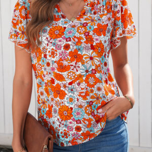 Blusa Naranja Con Volados Manga Corta Escote V