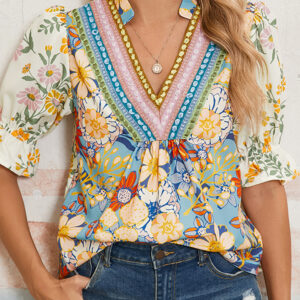 Blusa Multicolor Floral Manga Corta Escote V