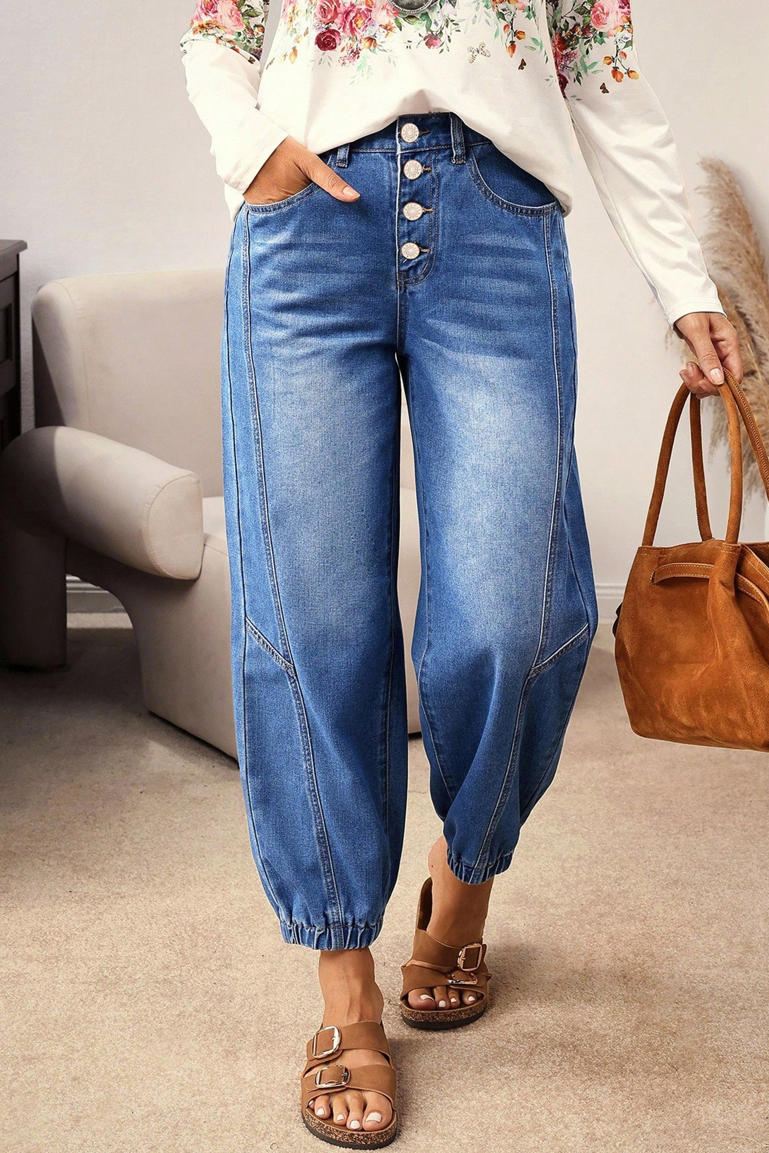Jean Azul 4 Botones Delantero Tapered Casual Suelto Calce