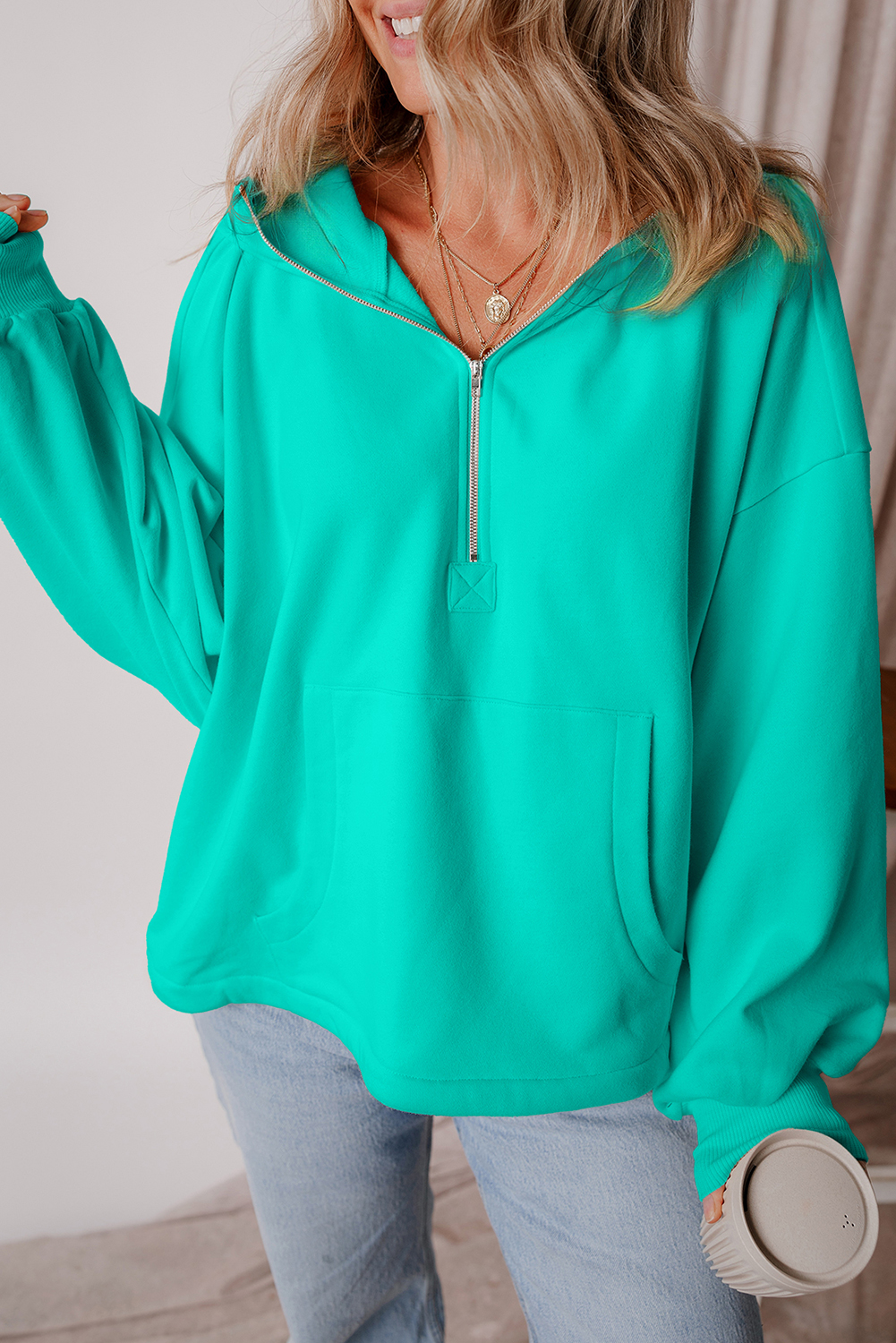 Hoodie Turquesa Frisado Suelto Con Cierre - Image 6