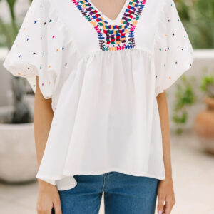 Blusa Blanco Bordado Manga Abullonada Escote V