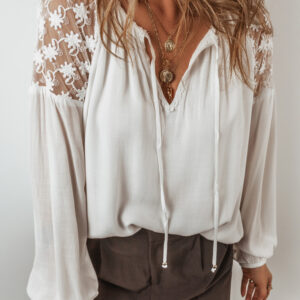Blusa Blanco Floral Manga Abullonada Escote V