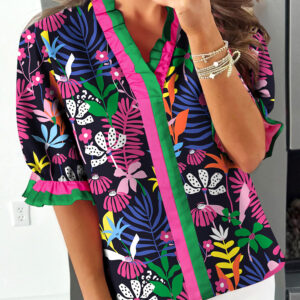 Blusa Rosa A Rayas Manga Corta Escote V