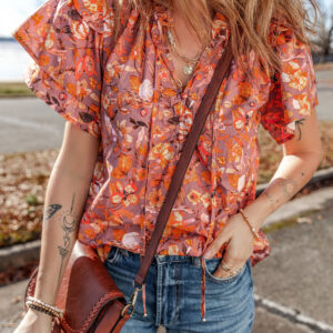 Blusa Naranja Con Volados Manga Volado Escote V