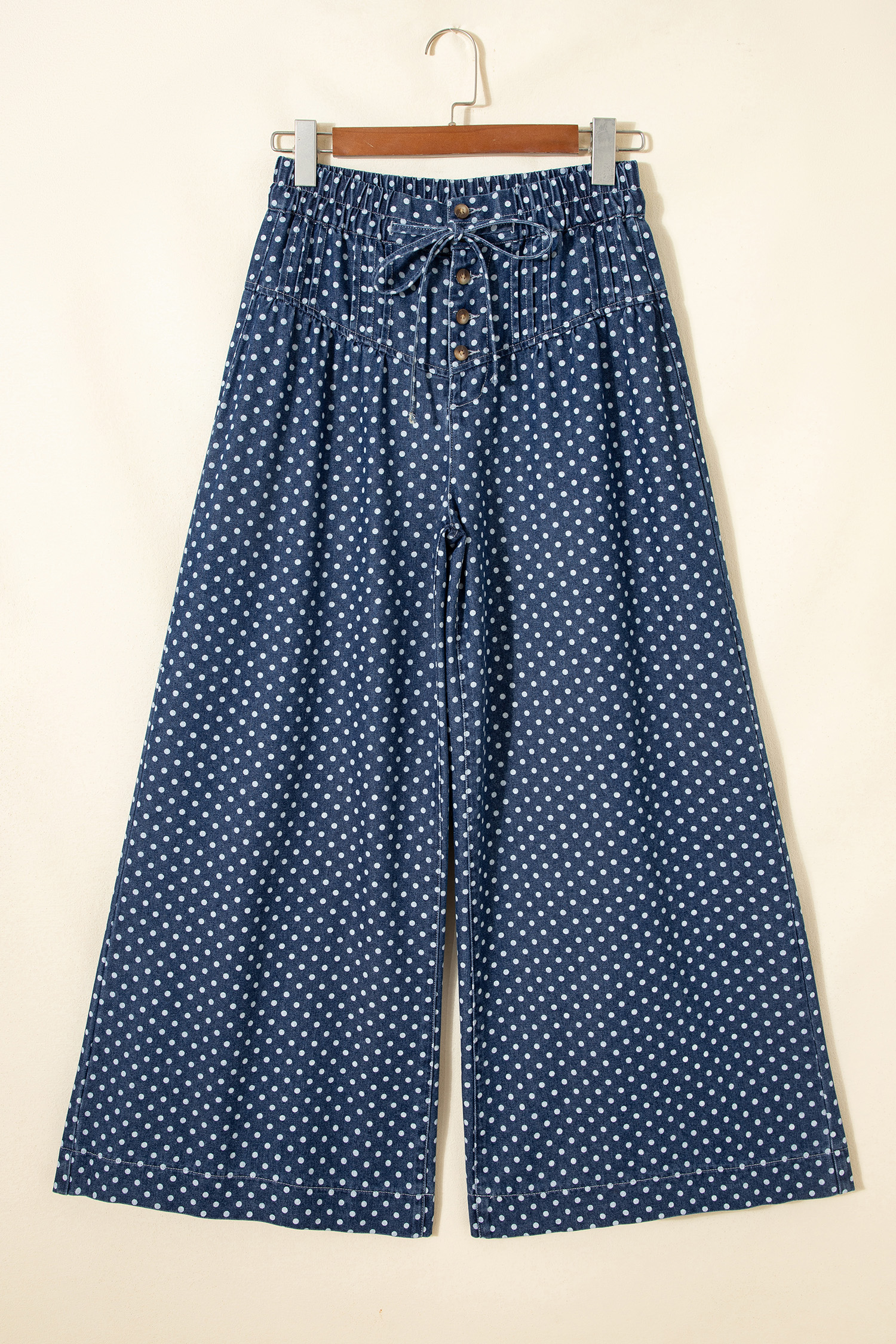 Jean Celeste Lunares Estampado Botón Plisado Detalle Pierna - Image 3