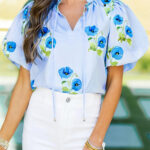 Blusa Azul Celeste Floral Manga Abullonada