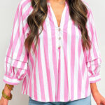 Blusa Rosa a Rayas Manga Abullonada Escote con Abertura