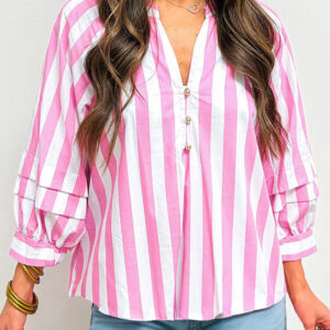 Blusa Rosa a Rayas Manga Abullonada Escote con Abertura