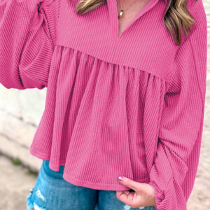 Blusa Rosa Brillante Manga Globo Estilo Babydoll Escote V