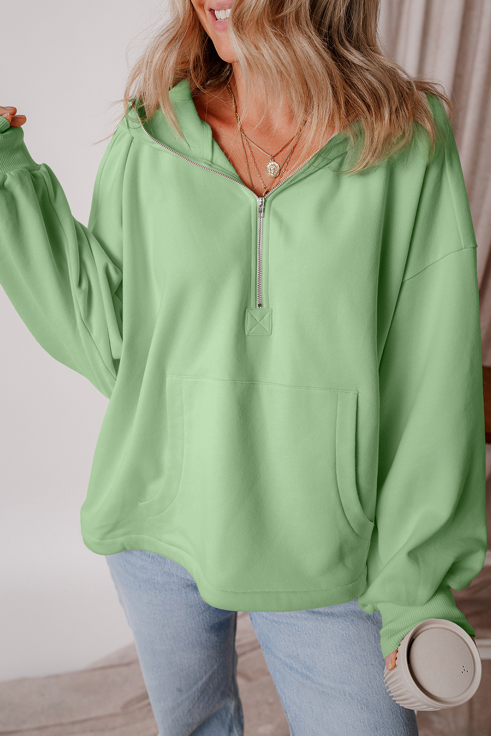 Hoodie Verde Humo Frisado Suelto Con Cierre - Image 6