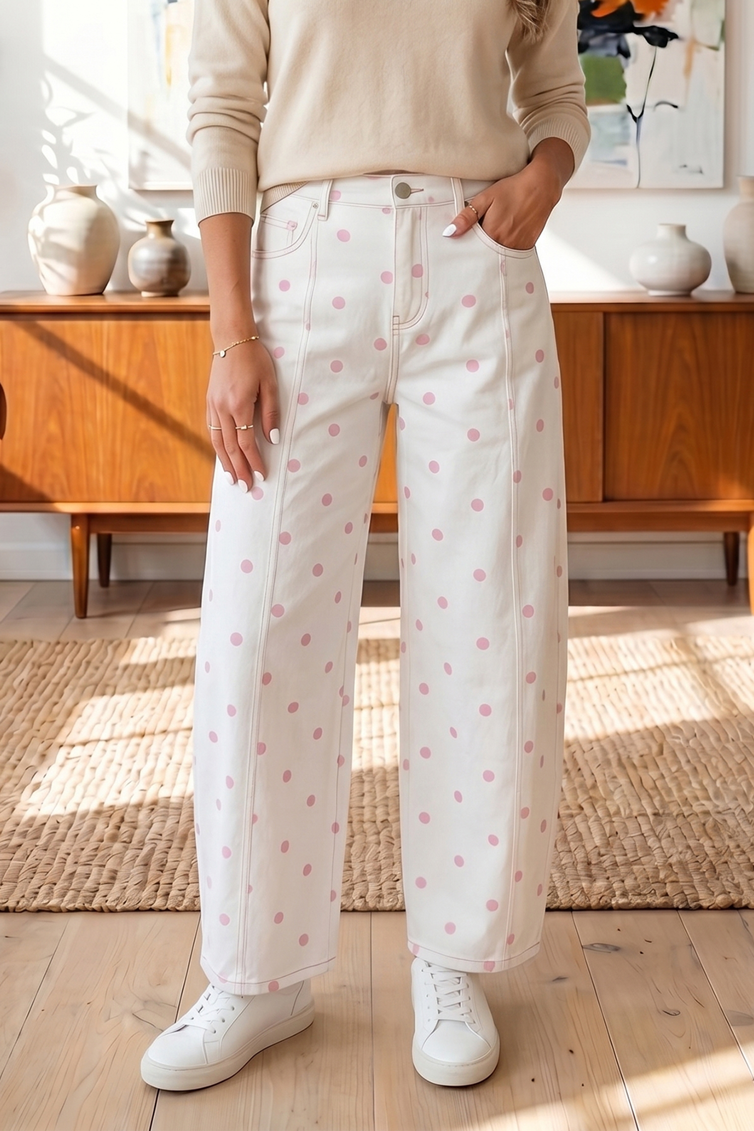 Jean Rosa Lunares Estampado Con Costura Detalle Barrel