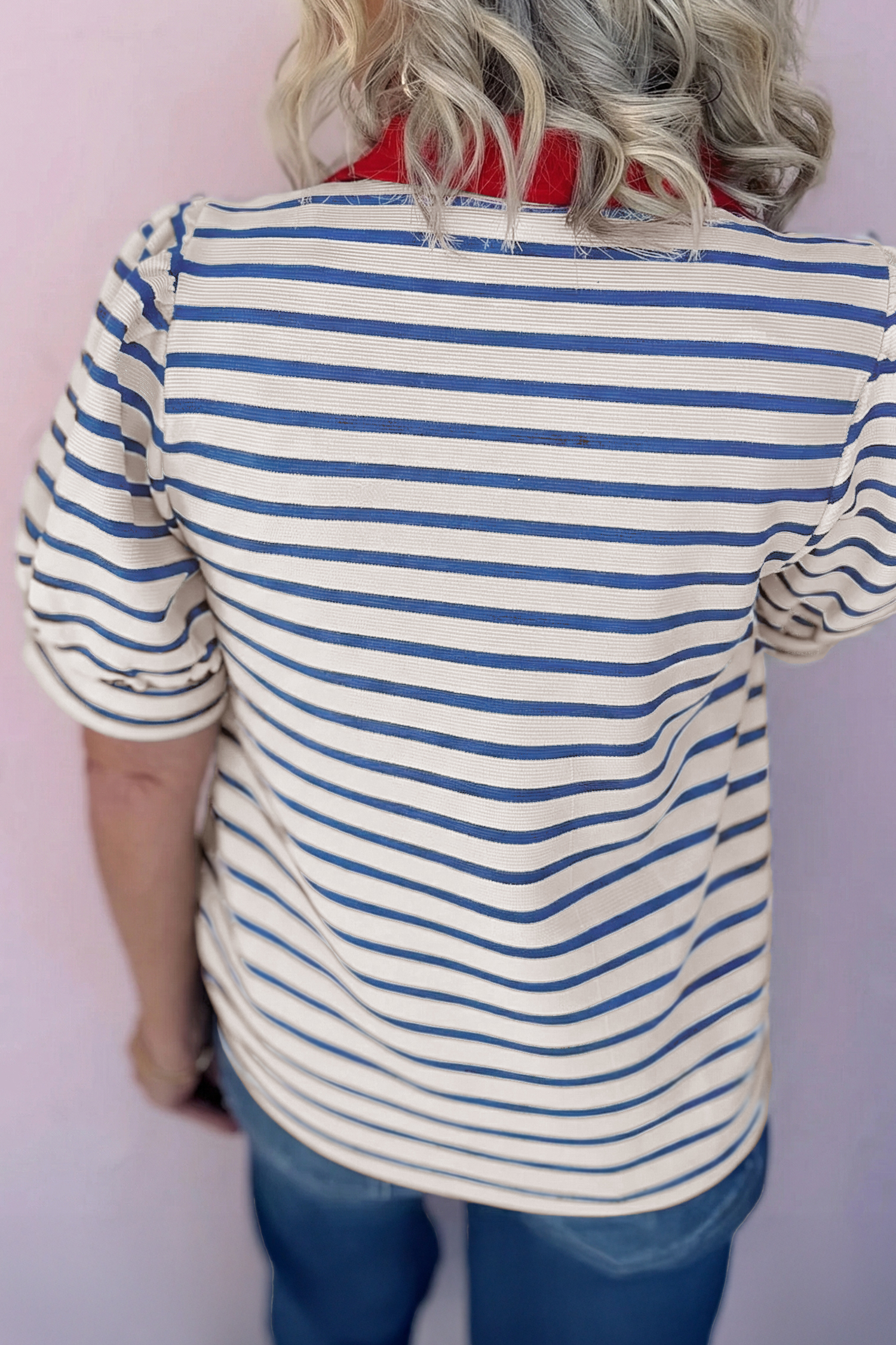 Blusa Azul a Rayas Combinado Manga Abullonada Con Cuello - Image 3