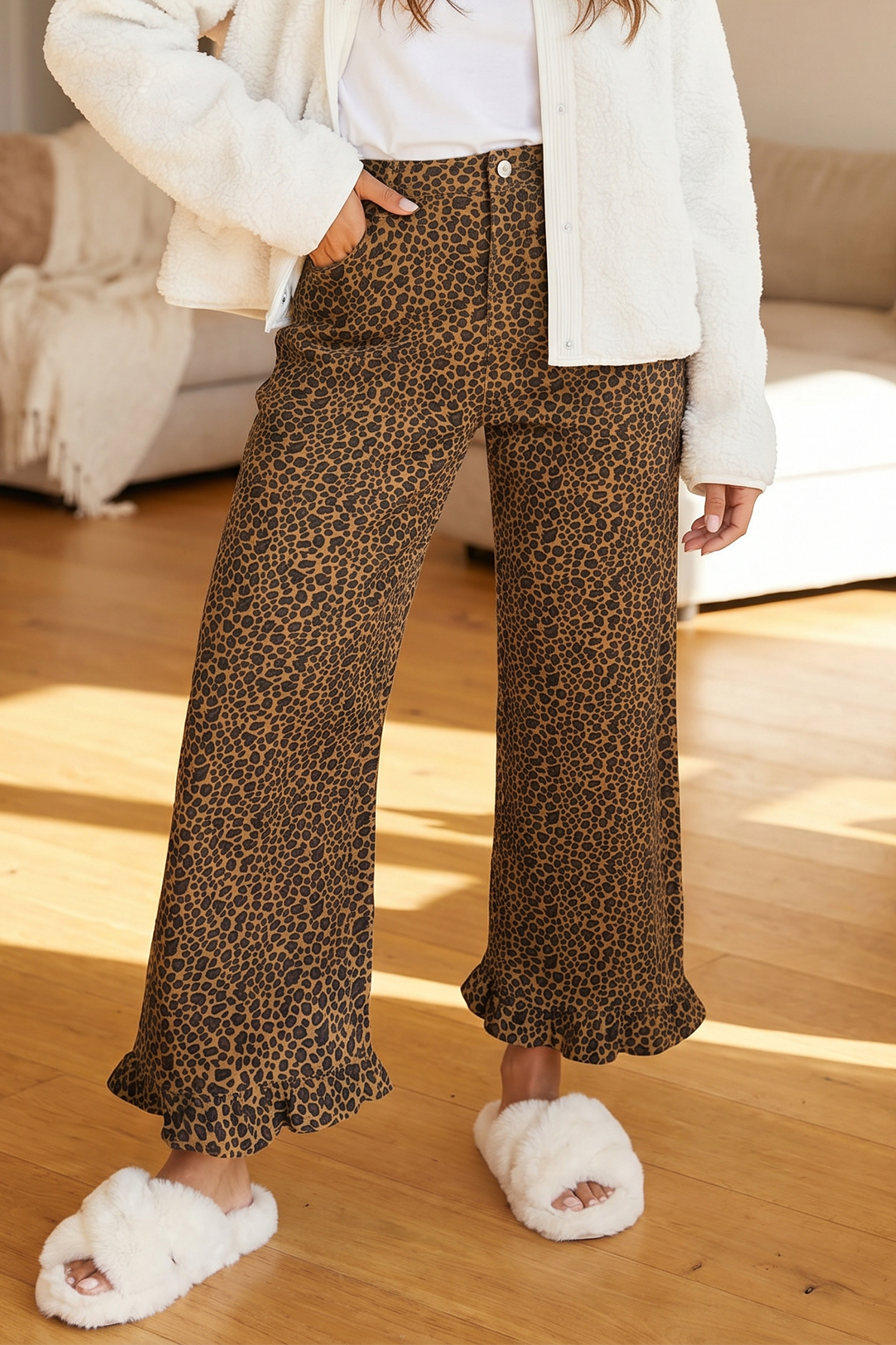 Jean Marrón Animal Print Leopardo Estampado Con Volados