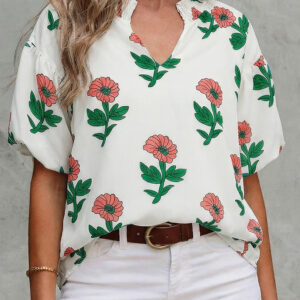 Blusa Beige Floral Manga Corta Escote con Abertura