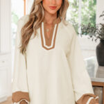 Blusa Gris Azulado Combinado Manga Larga Escote V
