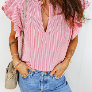 Blusa Rojo a Rayas Con Volados Manga Corta