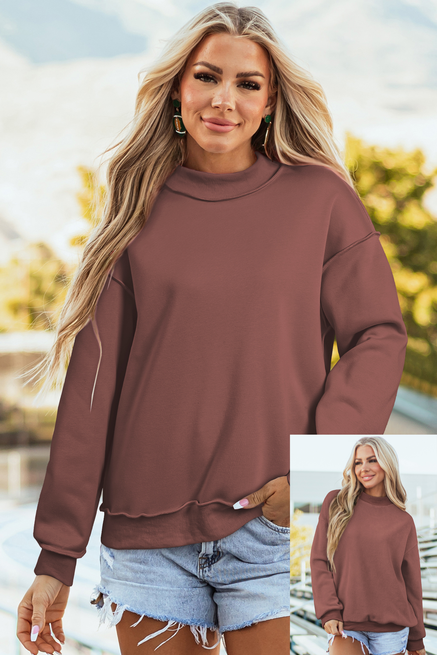 Buzo Café Hombro Caído Oversize Cuello Alto