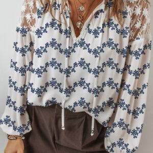 Blusa Azul Floral Manga Globo Escote con Abertura