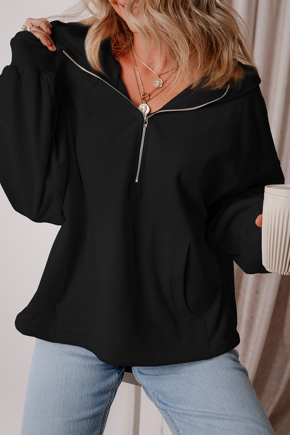 Hoodie Negro Frisado Suelto Con Cierre - Image 4