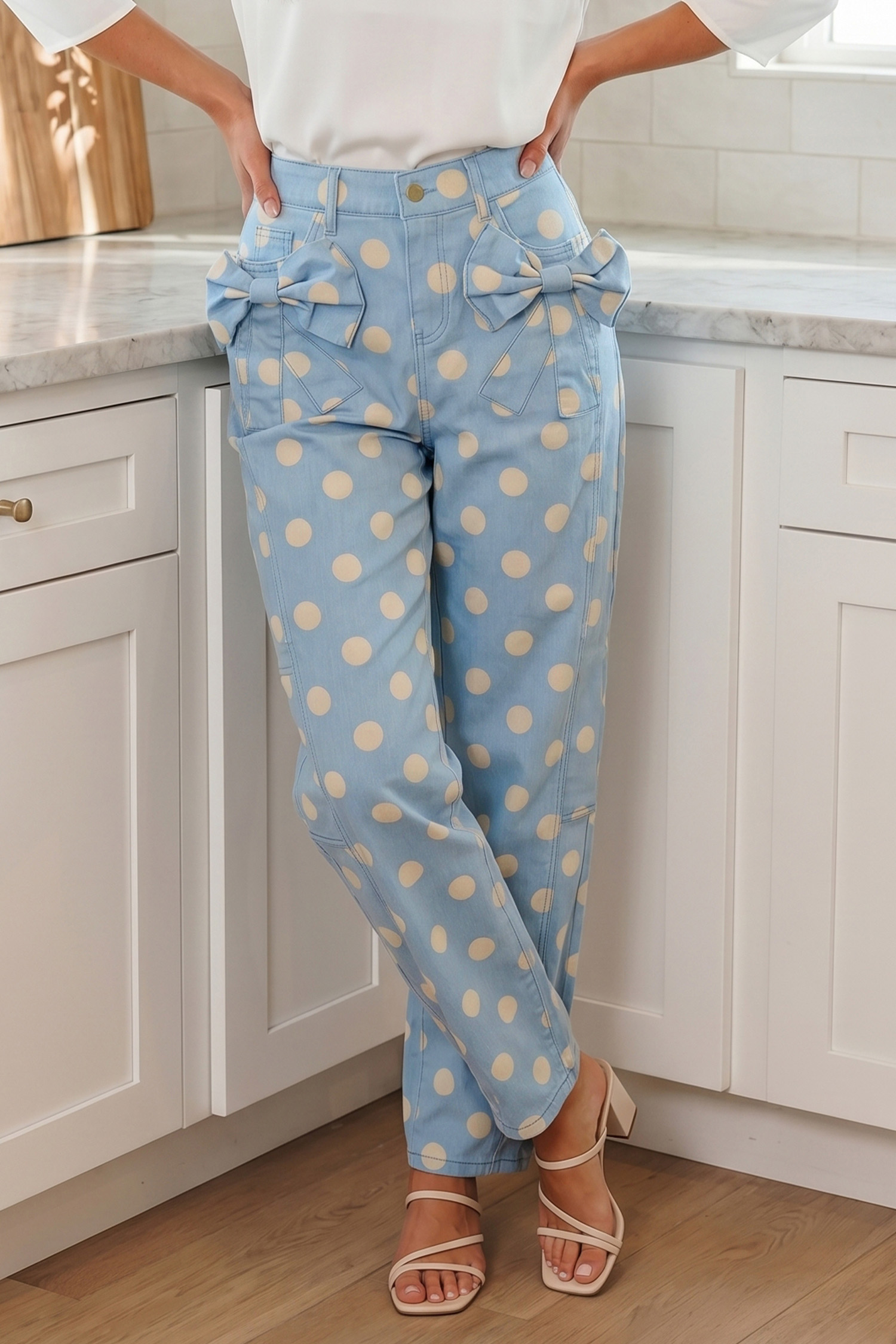 Jean Celeste Lunares Estampado Moño Detalle Con Bolsillos