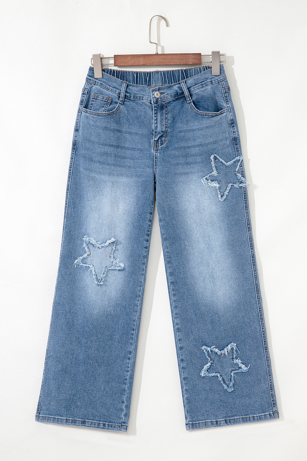 Jean Piedra Azul Estrellas Patchwork Corto Pierna Ancha - Image 5