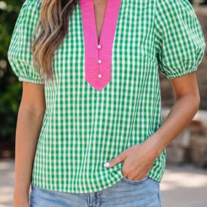 Blusa Verde Combinado Manga Globo Escote V