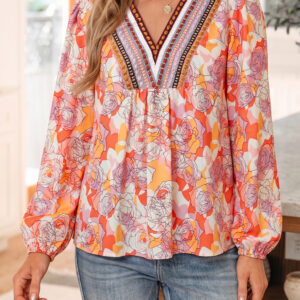 Blusa Rosa Floral Manga Larga Escote V