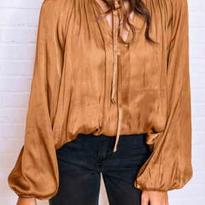 Blusa Camel Plisado Manga Abullonada Escote V
