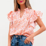 Blusa Naranja Con Volados Escote con Abertura