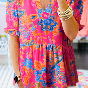 Blusa Rosa Floral Manga Abullonada Escote V