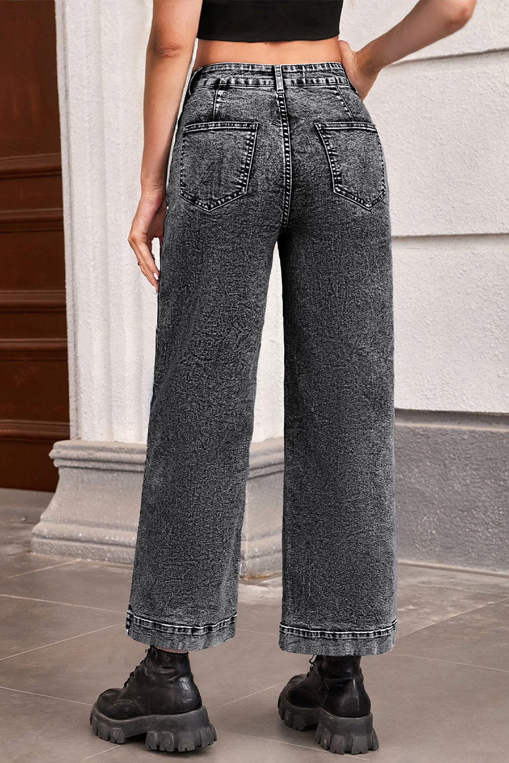 Jean Negro Chic Aplicado Bolsillo Pierna Recta Suelto - Image 2