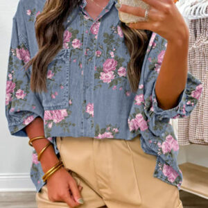 Camisa Azul Floral Manga Pulsera