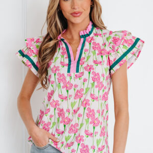 Blusa Rosa Con Volados Manga Corta Escote V